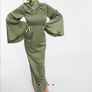 ASOS DESIGN- satin wrap neck pencil maxi with fluted sleeves in khaki. NWT size2